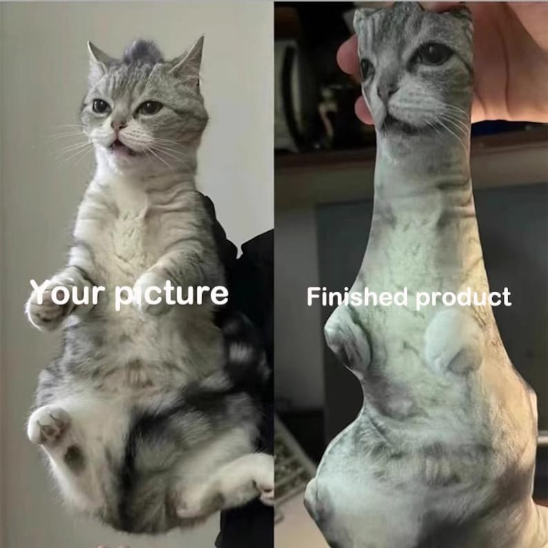 K&ouml;nnte beinhalten: Ein geteiltes Bild zeigt eine Katze und ein fertiges Produkt. Die linke Seite zeigt eine grau-wei&szlig;e Katze mit dem Text "Your picture". Die rechte Seite zeigt ein katzenf&ouml;rmiges Pl&uuml;schtier mit dem Text "Finished product".