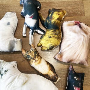 May include: A collection of seven plush pillows shaped like cats and dogs, featuring realistic photographic prints of various feline and canine fur patterns, including black, white, brown, and tabby markings, arranged in a scattered group.