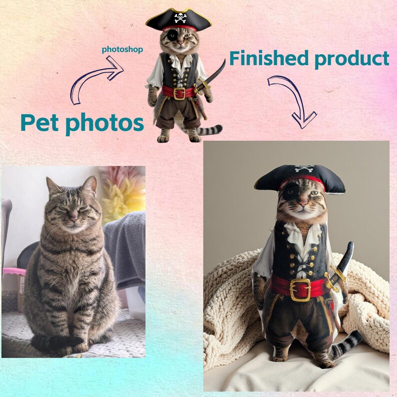 May include: A tabby cat wearing a pirate costume, including a black hat with a skull and crossbones, a white shirt, a black vest, and a red belt. The image shows the transformation from a pet photo to a finished product.