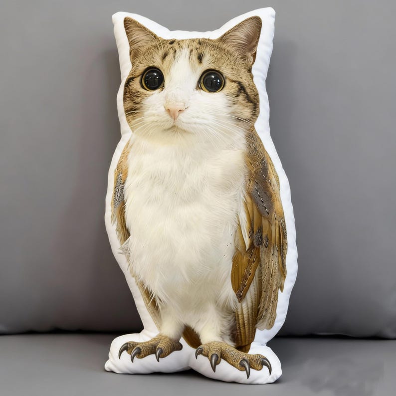 May include: A cat-shaped pillow with a realistic design. The pillow features a white and brown tabby cat face with large, expressive eyes. The pillow has a white body with brown and tan feather-like details and cat feet.