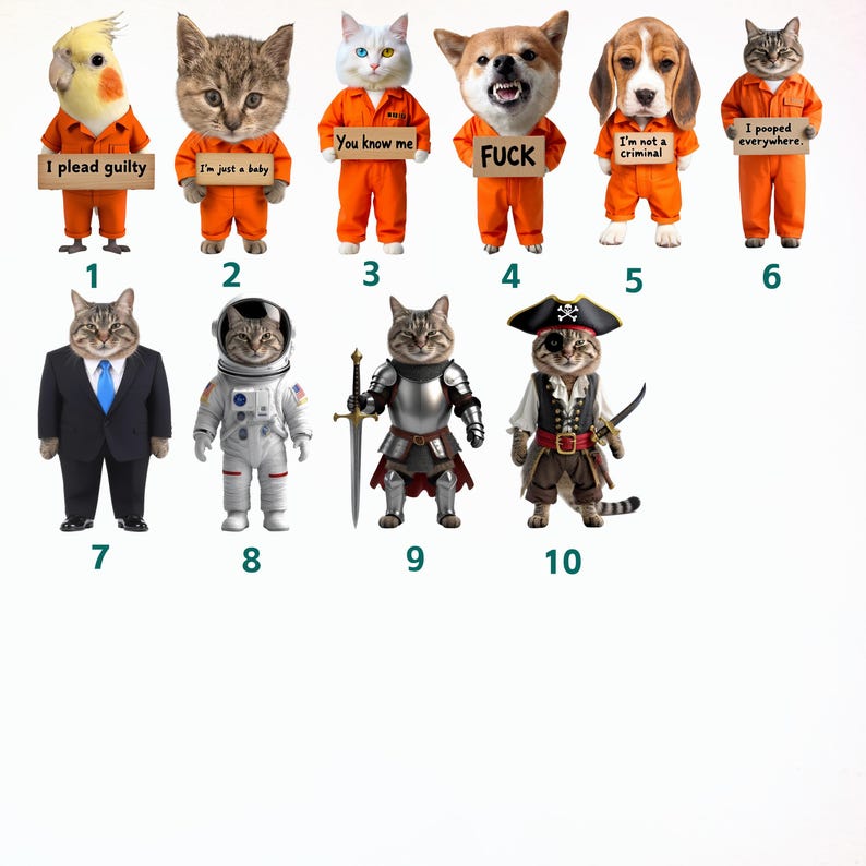 May include: A collection of digitally created animal figures, including a parrot, cats, a dog, and a beagle, each dressed in unique costumes. Some figures hold signs with text like "I plead guilty" and "I'm just a baby."