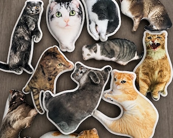 May include: A collection of cat-shaped plush pillows in various poses and colors, including gray, orange, and calico. Each pillow has a detailed, realistic cat face and body design, with a white border.
