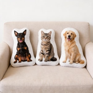 K&ouml;nnte beinhalten: Drei kissenf&ouml;rmige Haustiere auf einem beigefarbenen Sofa. Die Kissen zeigen einen schwarz-braunen Hund, eine getigerte Katze und einen Golden Retriever. Jedes Kissen ist wei&szlig; mit einem detaillierten Bild des Tieres.