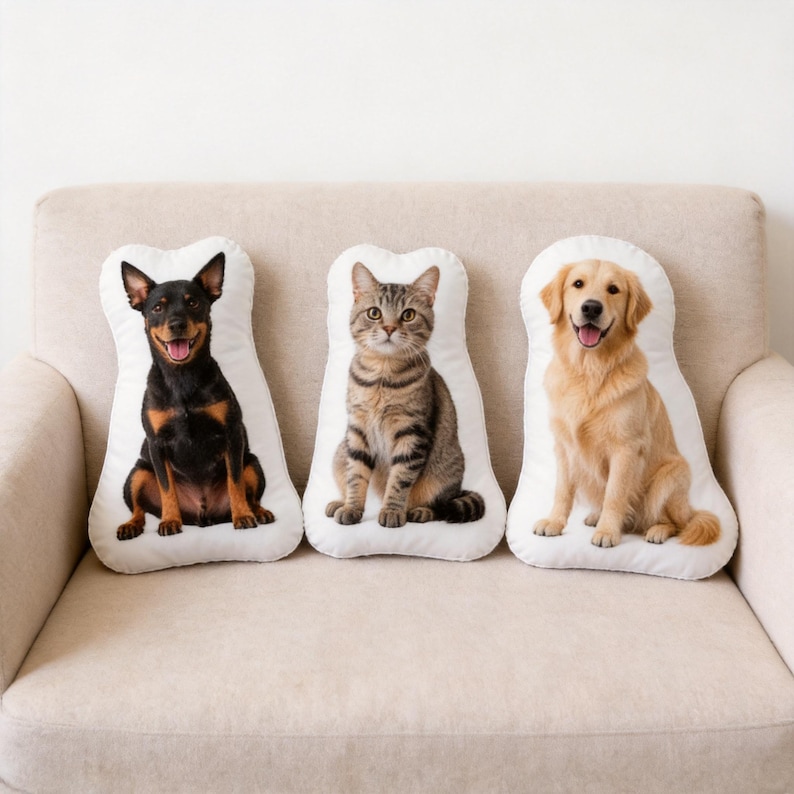 K&ouml;nnte beinhalten: Drei kissenf&ouml;rmige Haustiere auf einem beigefarbenen Sofa. Die Kissen zeigen einen schwarz-braunen Hund, eine getigerte Katze und einen Golden Retriever. Jedes Kissen ist wei&szlig; mit einem detaillierten Bild des Tieres.