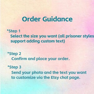 May include: A pastel-colored graphic with the text "Order Guidance." Instructions include selecting a size, confirming the order, and sending a photo and text for customization via Etsy chat. The background has a gradient of pink, blue, and yellow.