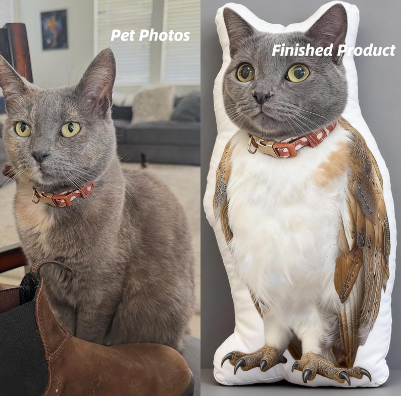 May include: A side-by-side image shows a gray cat with a red collar and a custom pillow. The pillow is shaped like the cat, with a printed image of the cat's face and body, and the text "Finished Product".