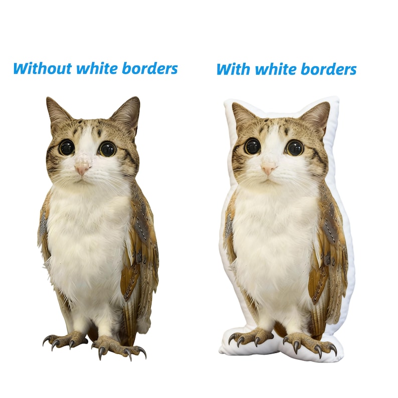 May include: Two cat-shaped pillows, one without white borders and one with white borders. The pillows feature a realistic image of a cat with brown, white, and tan fur, large eyes, and a detailed clawed foot design.