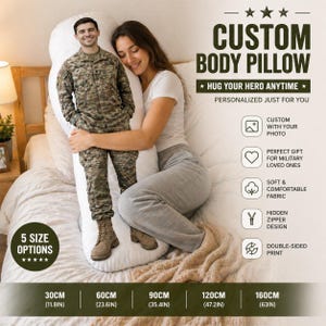 K&ouml;nnte beinhalten: Ein individuelles K&ouml;rperkissen mit dem aufgedruckten Bild einer Person in einer milit&auml;rischen Tarnuniform. Der Text lautet CUSTOM BODY PILLOW, HUG YOUR HERO ANYTIME und listet f&uuml;nf Gr&ouml;&szlig;enoptionen von 30 cm bis 160 cm L&auml;nge auf.