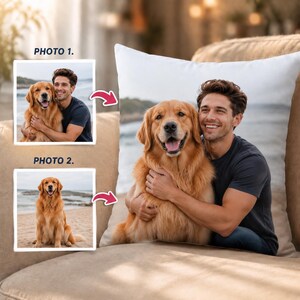 May include: A square throw pillow featuring a printed photograph of a person embracing a golden retriever on a beach. The design includes two smaller inset images labeled PHOTO 1 and PHOTO 2, showing the person with the dog and the dog alone.