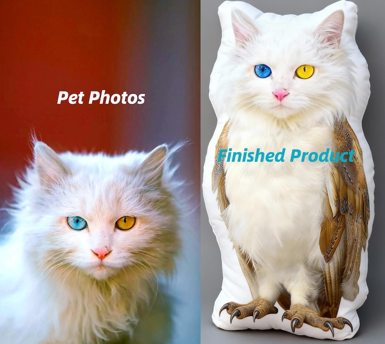 May include: A white cat with blue and yellow eyes is featured in a photo next to a pillow with a cat-owl hybrid design. The pillow has a white body, brown wings, and clawed feet. The text "Pet Photos" and "Finished Product" are visible.