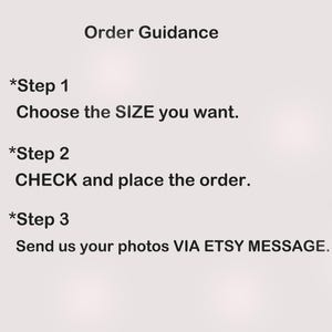 May include: Image with text: "Order Guidance." Steps include choosing a size, checking and placing the order, and sending photos via Etsy message. The text is in a clear, readable font against a light background.