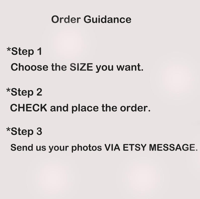 May include: Image with text: "Order Guidance." Steps include choosing a size, checking and placing the order, and sending photos via Etsy message. The text is in a clear, readable font against a light background.