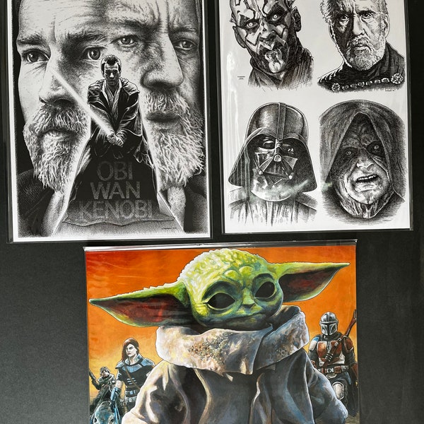 Star Wars Print Bundle - Obi Wan Kenobi / Sith Lords / Grogu - A4 Original Art Prints - Ink Drawings / Acrylic Painting