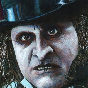 May include: A painting of the Penguin from the Batman movies. He is wearing a black top hat and a white shirt with a black bow tie. He has a serious expression on his face and his eyes are wide open. The painting is done in a realistic style and the colors are muted.