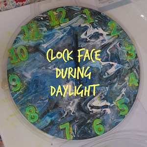 Pode incluir: Um mostrador de relógio azul, preto e branco com números verdes e o texto "CLOCK FACE DURING DAYLIGHT" em amarelo.