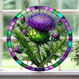 BEST SELLER Scottish highland Thistle Sun Catcher | Stained Glass Acrylic Window Hanging Decor