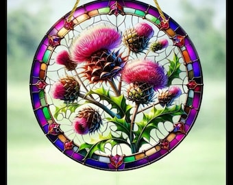Scottish highland Thistle’s Sun Catcher | Stained Glass Acrylic Window Hanging Decor