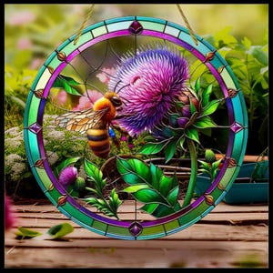 Save the bees  Scottish Thistle and bee Sun Catcher | Stained Glass Acrylic Window Hanging Decor