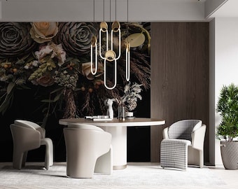 Dark Peony Floral Wallpaper, Black Background, Removable Peel and Stick