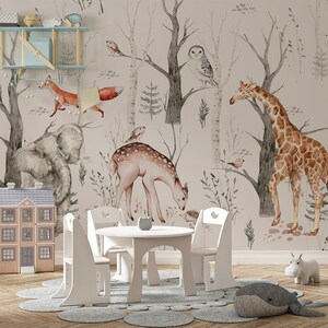 Carta da parati Giraffa Elefante Volpe Animali felici della foresta, Carta da parati con motivo foresta Safari, Carta da parati per bambini, Decorazione per la casa, Regalo