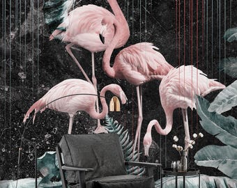 Pink Flamingo Wallpaper, Tropical Plant Mural, Peel and Stick Wall Decor