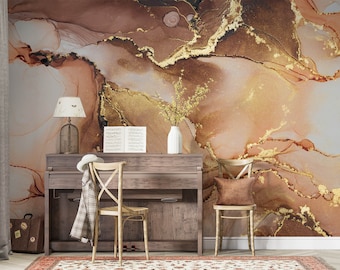 Brown and Gold Marble Wallpaper, Abstract Mural, Adhesive Wallpaper