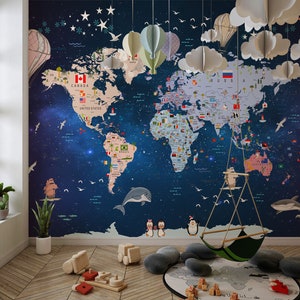 Children's World Map Wallpaper With Flying Balloons Featuring Country Flags On a Dark Blue Background, Peel and Stick Wall Mural