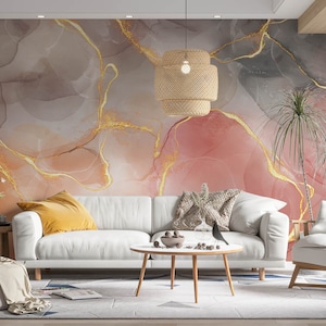 Pink And Gold Marble Wallpaper, Abstract Art Wall Mural, Peel and Stick Wallpaper Adhesive Wallpaper, Wall Decoration, New Home Gift