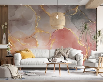 Pink Gold Marble Wallpaper, Abstract Wall Mural, Peel and Stick