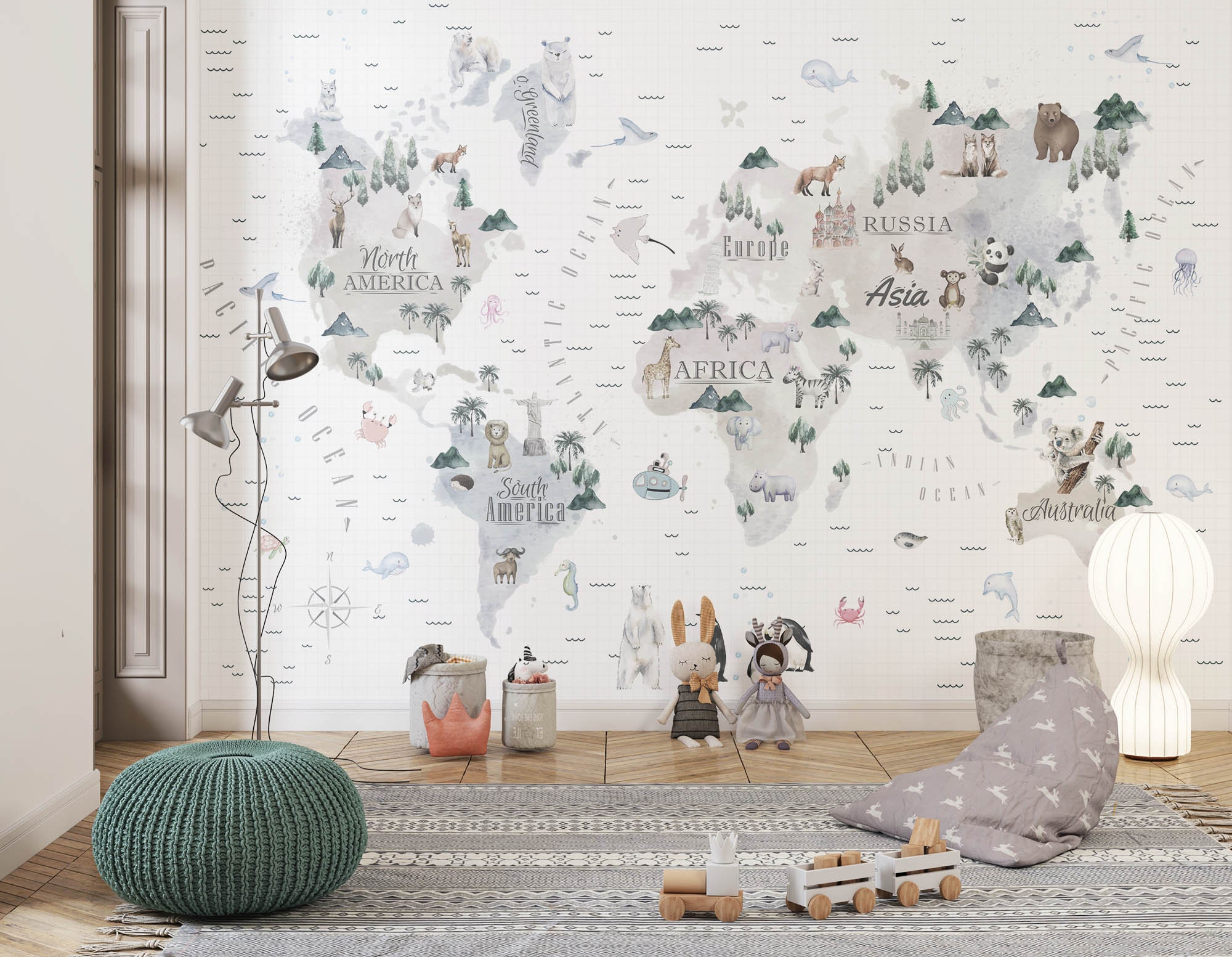 Kids World Map Wallpaper, Educational Animals Icons, Peel and Stick - Etsy