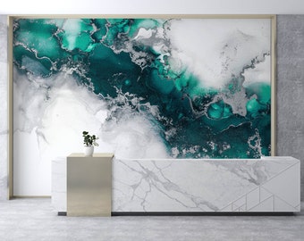 Green White Marble Wallpaper, Abstract Art Mural, Peel and Stick