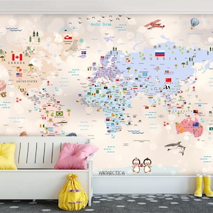 Children's Room World Map Wallpaper, Kids Map World Famous Icons  Animals Wall Mural Self Adhesive Removable Nursery