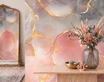 Pink Gold Marble Wallpaper, Abstract Wall Mural, Peel and Stick