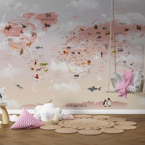 Rosa Weltkarte Tapete mit Tiermuster auf grauen Wolken, Tapete für Kinder, selbstklebende Tapete zum Abziehen und Aufkleben Wandbilder Wanddekoration