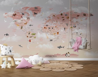 Pink World Map Wallpaper, Animal Pattern, Kids Room Decor, Peel and Stick