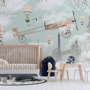 Carta da parati murale per bambini Mongolfiere e aeroplani d'epoca, rami primaverili bianchi, luoghi storici importanti, decorazioni per la casa