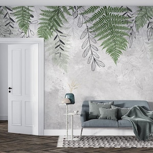 Tropical Vine Leaves Wallpaper Gray Background Wall Decor, Watercolor Leaf Wallpaper Peel and Stick, Green Eucalyptus Wallpaper,