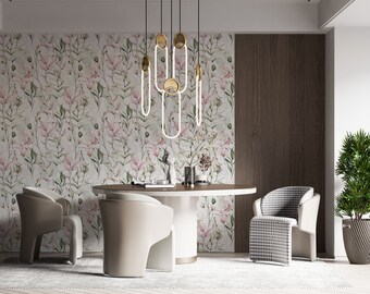 May include: A dining room with a round table and four chairs. The table is made of wood and has a white top. The chairs are upholstered in a variety of fabrics, including a white and black checkered pattern. The walls are covered in a floral wallpaper with pink and green flowers. A modern light fixture hangs from the ceiling.