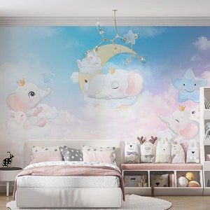 Slapende olifanten op wolk en maan kinderkamerbehang, konijnolifant en sterren op blauwroze wolken zelfklevend schillen en plakken