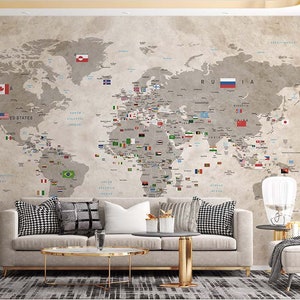 Papel de parede de mapa mundial em tons de marrom e creme, mural de parede de mapa político, mapa mundial marcado com bandeiras coloridas de países