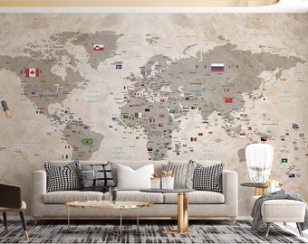 Brown Cream World Map Wallpaper, Political Wall Mural, Country Flags