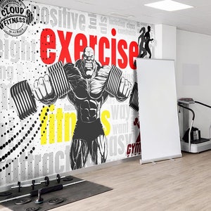 Exercise Fitness Written Gym Wallpaper, Man Lifting Weights Wallpaper, Gym Poster Mural, Self Adhesive Wallpaper Extra Large Peel & Stick