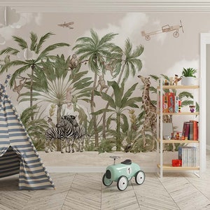 SAFARI behang voor kinderen, jungle planten tropisch behang, jungle safari dieren behang voor avontuurlijke kinderkamer