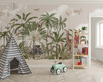 Jungle Safari Animals Wallpaper, Tropical Plants, Kids Room