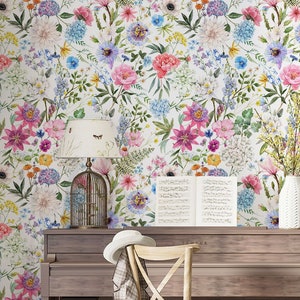 Colorful Summer Flowers Wallpaper, Floral Wallpaper İn Shades Of Yellow, Pink, White And Green, Self Adhesive Peel and Stick Wall Sticker