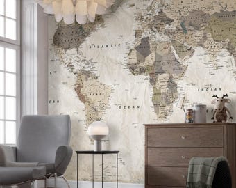Vintage Political World Map Wallpaper, Peel and Stick Wall Mural