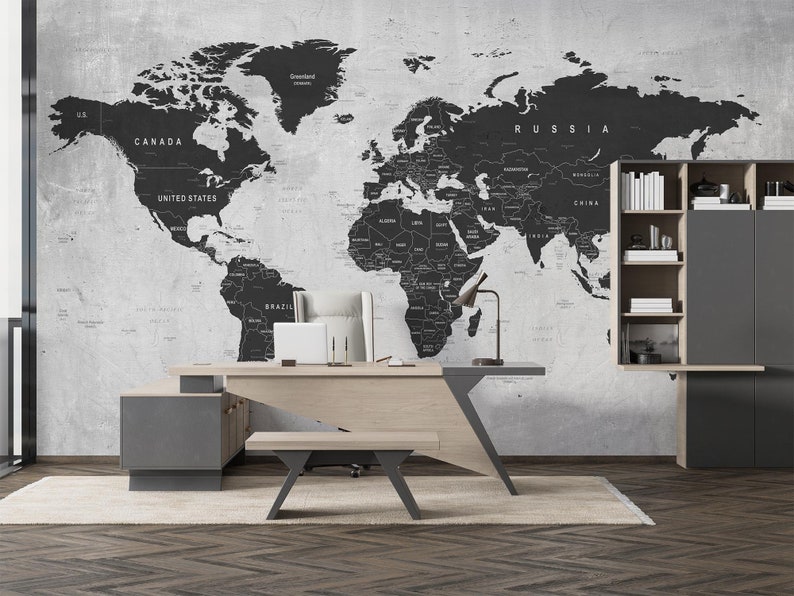 Dark World Map Wallpaper on Gray Background, Gray World Map Wallpaper