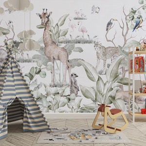 Tropisch kinderkamerbehang, safari leeuwenfamilie en luipaardgiraffe schattig behang, zelfklevende peel-and-stick muurschilderingen