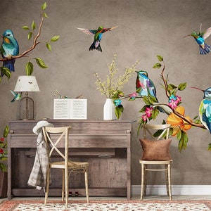 Colorful Birds On Tree Branches, Self Adhesive Peel and Stick, Vintage Wallpaper, Removable Wallpaper, Bedroom Wallpaper, Wall Decor