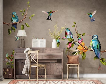 Vintage Birds on Branches Wallpaper, Peel and Stick Removable Wall Decor